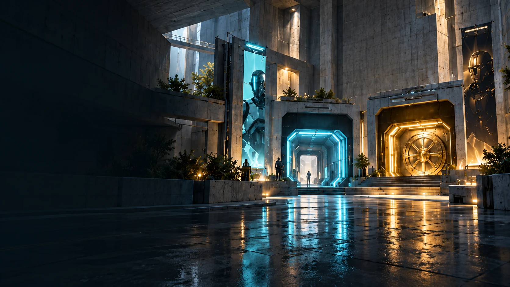 Two monumental cyan and gold game entrances in a futuristic arcade, concept art