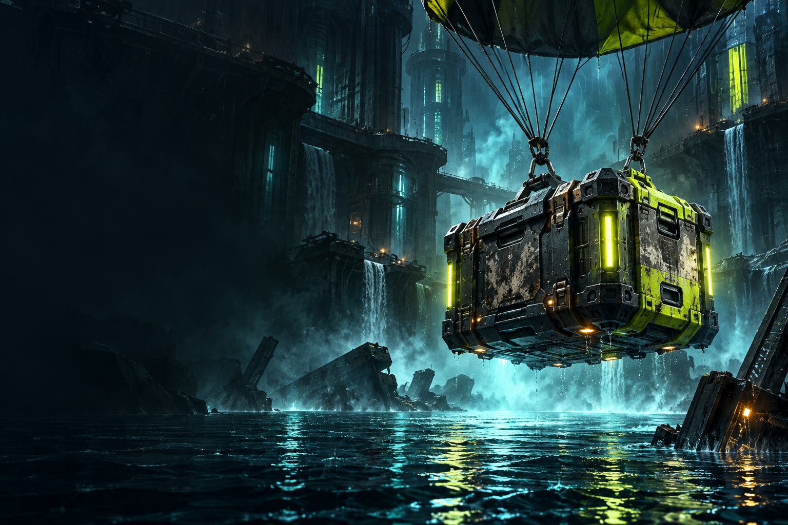 A supply crate descends into the flooded Undercity, concept art
