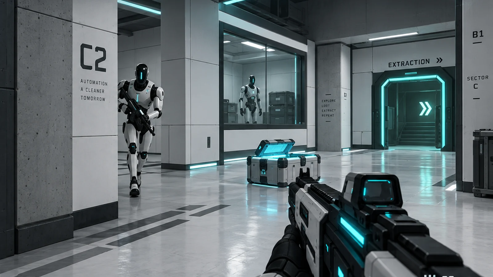 Robots guard a cyan-lit loot cache and extraction gate in The Undercity.